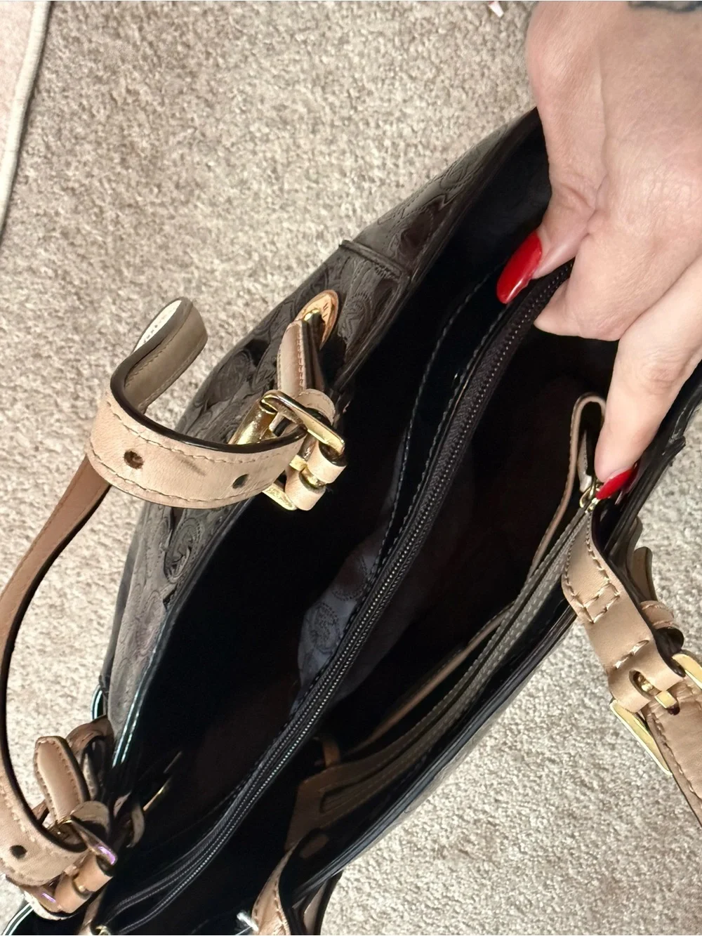 Michael Kors Black Patent Tote with Tan Leather Straps